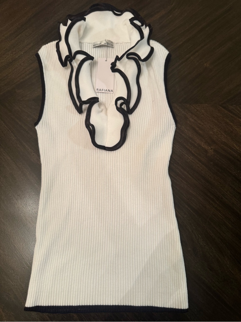 Othr White Ribbed Sleeveless Top with Black Ruffle Trim